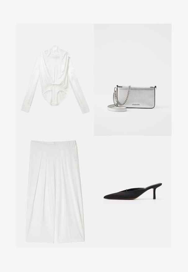 Balts gara garām piedurknēm bodijs ar dziļu izgriezumu un pogu aizdari ikras vietā, izlikts uz vienkārša balta fona.; Baltas pleitots bikses ar platām elastīgām jostām. Gluda tekstūra un potīšu garuma dizains uzlabo komfortu un kustību brīvību.; Melna, ar smailu purngalu, mūla ar elegantu dizainu, izgatavota no gludas auduma, ar šauru papēdi un atvērtu aizmuguri vieglai uzvilkšanai.; Sudraba ādas krustnabas soma ar teksturētu apdari, ķēdes un siksnu akcentiem, kā arī rāvējslēdzēja aizdari. Priekšpusē ir logs.