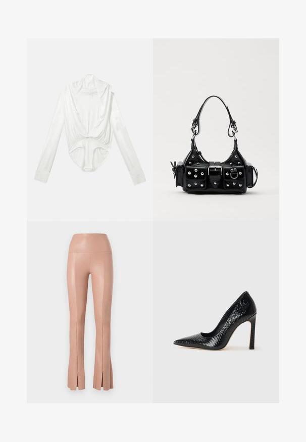 Bela dolga majica z dolgimi rokavi in globokim dekoltejem ter z zapiranjem na gumbih na mednožju, prikazana na enostavni beli podlagi.; Prilegajoče visoko pasne hlače v rožnati barvi, narejene iz gladkega, elastičnega materiala z stranskimi razporki na robu. Prisotna je šivna obdelava.; Črne čevlje z visoko peto in konico v obliki puščice, z teksturo krokodilje kože, ki se ponašajo s sleek oblikovanjem, visokim stiletto peto in gladkim črnim notranjostjo.; Črna usnjena torbica s ukrivljenim dizajnom, ki vsebuje srebrne žebljičke, zaponko in dve stranski žepki. Nastavljiv trak za različne možnosti nošenja.