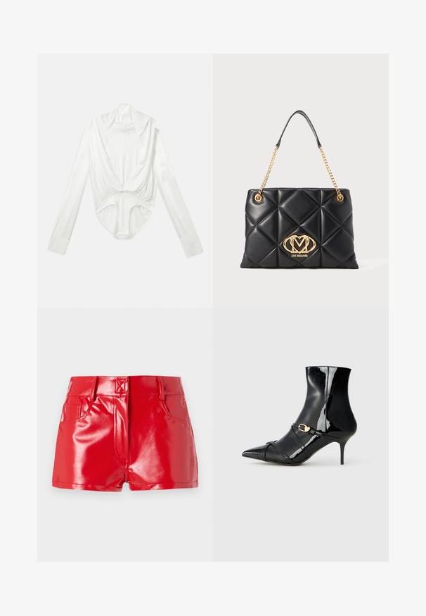 Bílý body s dlouhými rukávy a hlubokým volným výstřihem, zakončený patentkami na rozkroku, vystavený na jednotvárném bílém pozadí.; Červené šortky z umělé kůže s lesklým povrchem, s vysokým pasem, předními kapsami a švy. Strukturovaný, přiléhavý design.; Černé lakované kotníkové boty s špičatou špičkou, štíhlým podpatkem a dvěma tenkými pásky se zlatou sponou. Hladký, lesklý povrch.; Černá prošívaná kabelka z umělé kůže se zlatým řetězovým popruhem, vyznačující se výrazným zlatým logem a diamantovým vzorem na povrchu.