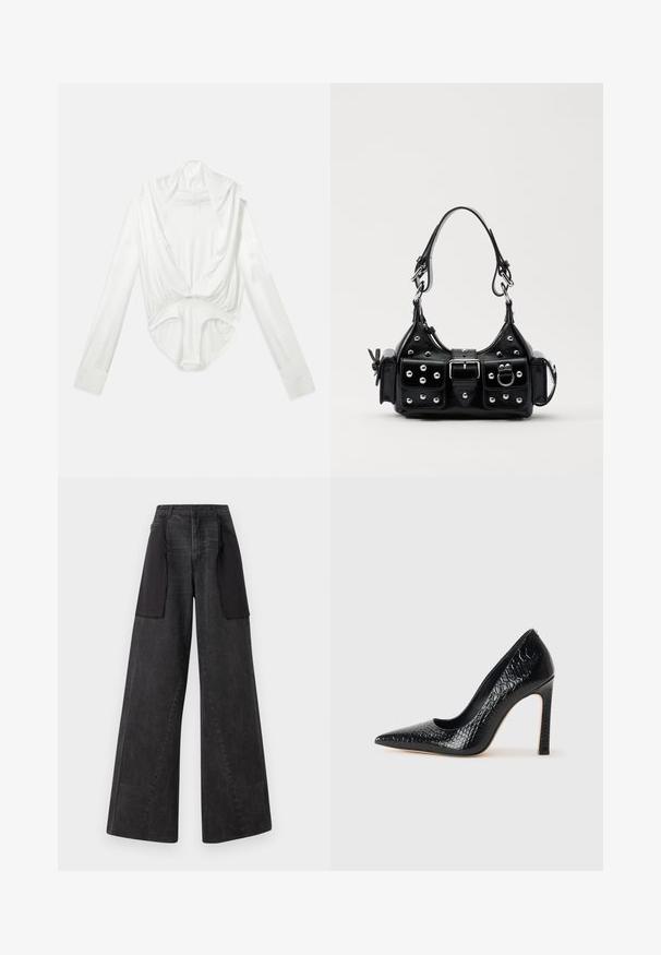 White long-sleeve bodysuit with deep cowl neck and snap closure at the crotch, displayed on a plain white background.; Wide-leg jeans made of dark denim with black fabric panels on the sides, featuring a high waist and visible stitching details.; Black pointed-toe high heel shoe with a crocodile-skin texture, featuring a sleek design, high stiletto heel, and smooth black interior.; Black leather handbag with a curved design, featuring silver studs, a buckle, and two side pockets. Adjustable strap for carrying options.