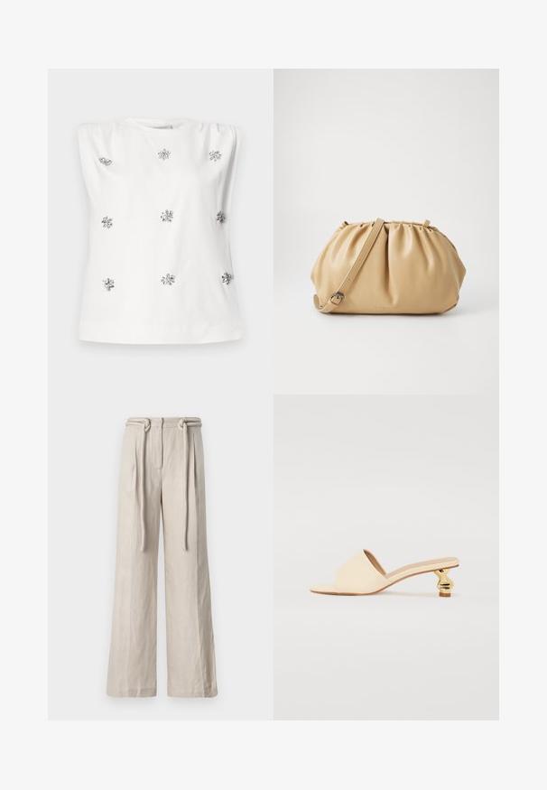 Bela brezrokavna majica s okroglim izrezom, ki ima srebrne okraske, ki spominjajo na cvetje, enakomerno razporejene po tkanini. Gladka tekstura.; Široke hlače iz lahkega bež lanu z visokim pasom, sprednjimi gubami in detajlom vezanega pasu. Gladka struktura in sproščen kroj.; RAID ATHENA - Copati - cream; Bež usnjena torba s pliséjem, nastavljivim ročajem in zaobljeno obliko. Minimalistična oznaka na sprednji površini.