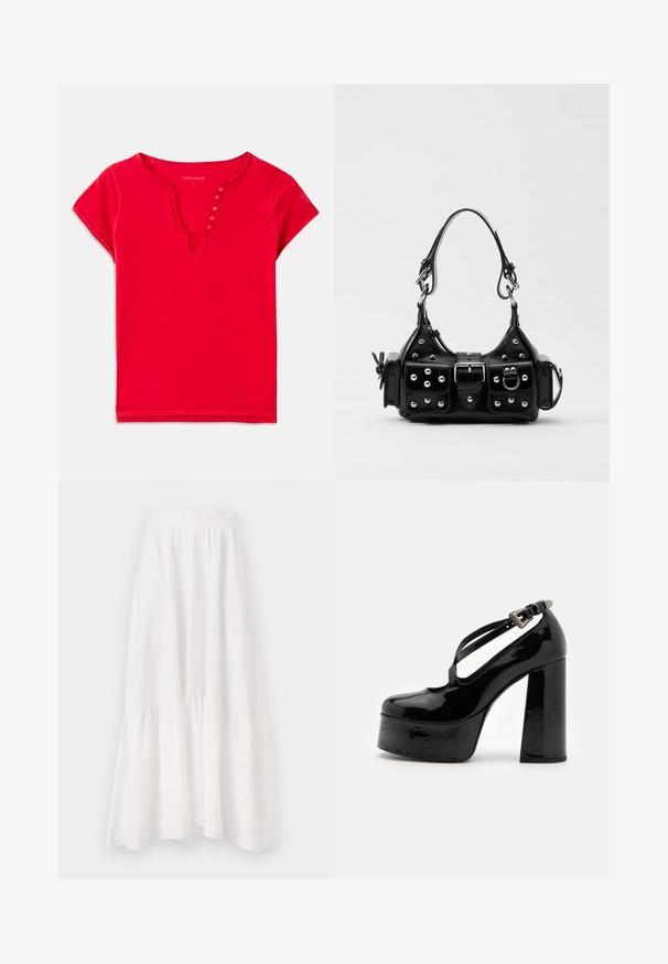 Rotes Kurzarmoberteil aus weichem Baumwollmaterial, mit einem V-Ausschnitt und Knopf-Details sowie einem lässigen Schnitt. Glatte Textur, minimale Nähte.; Weiße Midi-Rock aus leichtem Stoff, mit einem gestuften Design, feinen Blumenstickereien und einem gerafften Taillenbund.; The Kooples CHAUSSURES - High Heel Pumps - black; Schwarze Lederhandtasche mit einem geschwungenen Design, verziert mit silbernen Nieten, einer Schnalle und zwei seitlichen Taschen. Verstellbarer Träger für verschiedene Tragemöglichkeiten.