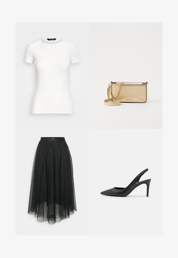 Bijela pamučna majica s kratkim rukavima, okruglim izrezom, tijesnim krojem i glatkom teksturom. Oznaka s logom na izrezu.; Crna til suknja s uskim pojasom, slojevitog dizajna i prozirne teksture. Duljina doseže do sredine lista, s glatkom unutarnjom podstavom.; Crne kožne slingback visoke pete s dizajnom u obliku špice, s izrezom sprijeda i tankom stiletto petom.; Metalna zlatna kožna torbica s teksturiranom površinom, opremljena zlatnim lancem i uklonjivom naramenicom. Utisnuti logotip branda.