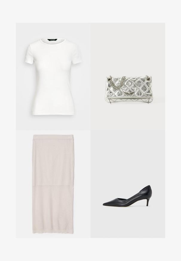 T-shirt alb din bumbac, cu mâneci scurte, guler rotund, design ajustat și textură netedă. Etichetă cu logo la guler.; Fustă din plasă de culoare bej deschis, realizată dintr-un material respirabil, cu un tiv răsucit și un model texturat pe întreaga suprafață, având o siluetă dreaptă.; Pantof din piele neagră, cu vârf ascuțit și toc mic. Are o textură netedă și un luciu subtil. Decupaj deschis în partea din față pentru un detaliu suplimentar.; Geantă de umăr argintie din metal, cu mânere din lanț, textură matlasată, cusături decorative și închidere cu fermoar. Are accente embossate pe față.