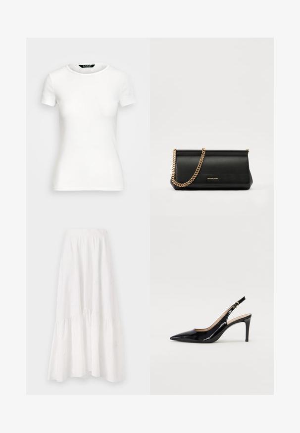 Hvid bomulds T-shirt med korte ærmer, rund hals, fitted design og glat tekstur. Logo mærke ved halsudskæringen.; Hvid midi-nederdel lavet af let stof, med et tiered design, subtil blomsterbroderi og en rynket talje.; Sort patenteret læder slingback stiletto med spids tå, slank hæl og et subtilt udskæringsdesign. Har en gylden spænde på remmen.; Sort læder clutch taske med en guldkæde strop, der har en glat tekstur, rektangulær form og præget branding på forsiden.