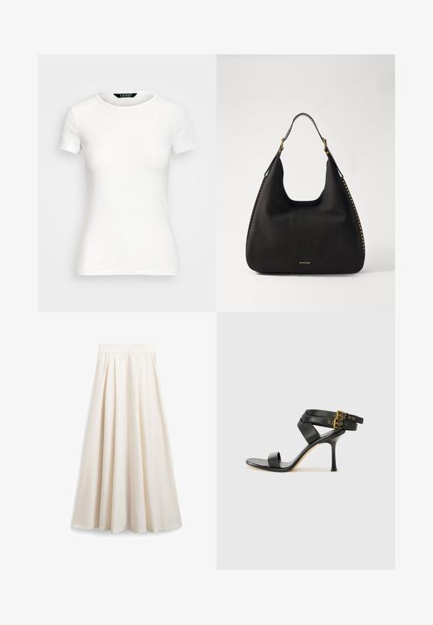 Fehér pamut póló rövid ujjakkal, kerek nyakkal, fazonra szabott kialakítással és sima textúrával. Logó címke a nyakkivágásnál.; Krém színű A-vonalú szoknya sima anyagból, rózsás redőkkel és széles derékrésszel, amely könnyed, áramló sziluettet kölcsönöz.; Fekete magassarkú szandál keresztpántos dizájnnal és állítható csattal. Simább felülettel és hegyes tűsarkúval rendelkezik.; MICHAEL Michael Kors NOLITA HOBO  - Kézitáska - black