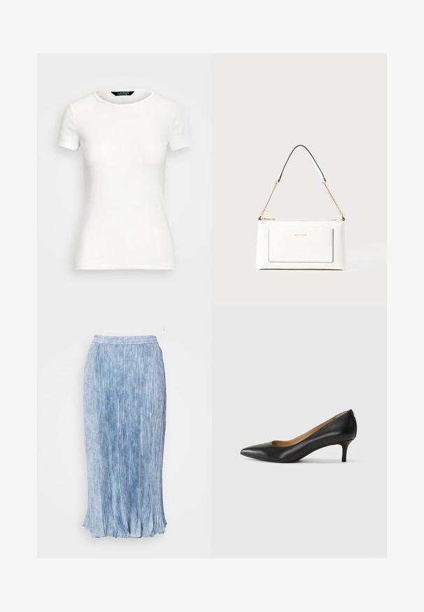 Hvit bomulls T-skjorte med kort erme, rund hals, tettsittende design og glatt tekstur. Logomerke ved halsen.; Plisseert skjørt i lyseblå farge med teksturert finish og sammenskrudd kant. Har elastisk linning for komfort og en flytende silhuett.; Sorte lærpumpe med spiss tå, lav hæl og en glatt tekstur. Har en liten åpning foran og minimalt med beslag bak.; Hvit lærveske med teksturert overflate, utstyrt med gullkjede for å bære over skulderen og svarte detaljer. Inkluderer en frontlomme og glidelås.