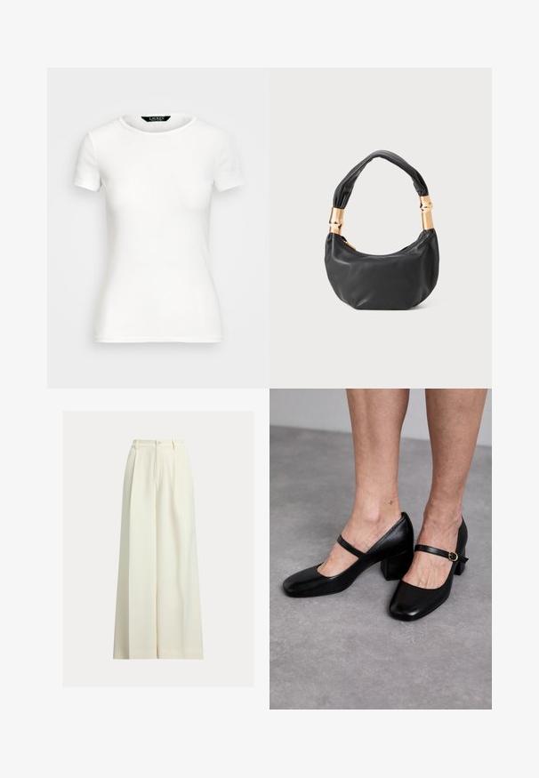 Fehér pamut póló rövid ujjakkal, kerek nyakkal, fazonra szabott kialakítással és sima textúrával. Logó címke a nyakkivágásnál.; Krém színű, széles szárú nadrág sima anyagból, magas derékkal, két első hajtással és egygombos záródással.; Stuart Weitzman Klasszikus sarkú cipők - black; Fekete bőr kézitáska kerek formával, puha textúrával és csomózott fogantyúval, aranyszínű fém díszítéssel. Cipzáras záródás.