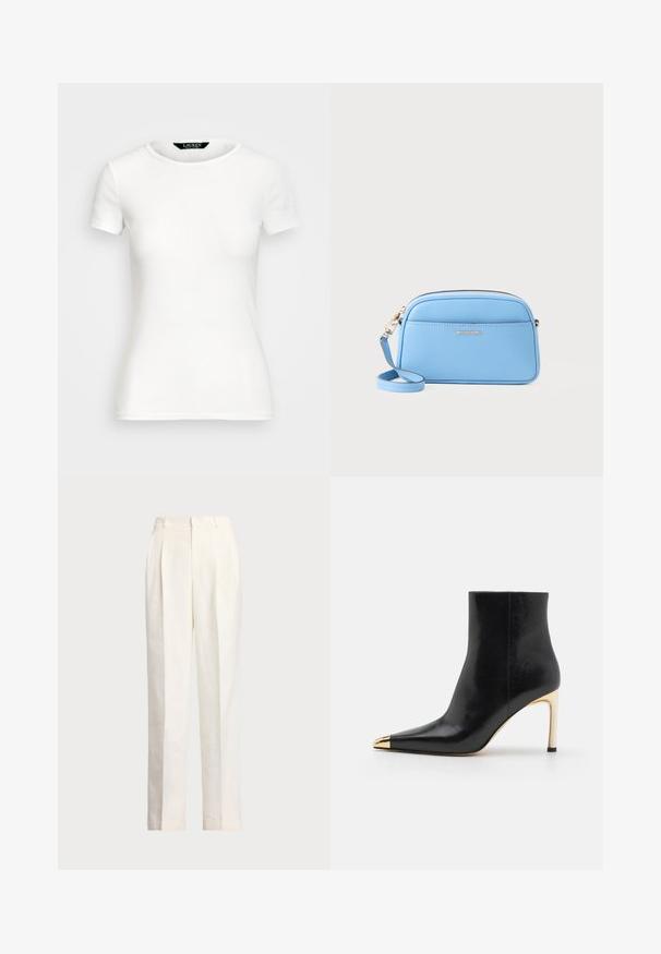 T-shirt branco de algodão com mangas curtas, gola redonda, design ajustado e textura suave. Etiqueta do logotipo na gola.; Polo Ralph Lauren HEMP WIDE LEG PANT - Calças - nevis; Bota de tornozelo em couro preto com bico afinado, bico metálico dourado e um salto alto esguio. Textura lisa com um design minimalista.; Bolsa crossbody em couro azul claro com acessórios em tom de ouro, fecho em zip, e um bolso frontal. Apresenta uma alça ajustável para conveniência.