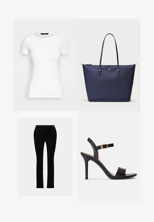 T-shirt branco de algodão com mangas curtas, gola redonda, design ajustado e textura suave. Etiqueta do logotipo na gola.; Calças pretas feitas de um tecido suave, semelhante a veludo. Corte ajustado com perna reta, apresentando um cós tradicional e passantes para cinto.; Sandálias de salto alto pretas com um cabedal de couro suave, bico aberto e um design de tira única com um detalhe de fivela dourada.; Saco tote azul-marinho feito de tecido texturizado, com alças em pele preta e detalhes em metal dourado. Fecho de zíper na parte superior.