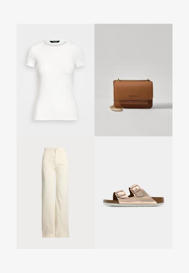 T-shirt alb din bumbac, cu mâneci scurte, guler rotund, design ajustat și textură netedă. Etichetă cu logo la guler.; Polo Ralph Lauren COTTON CORDUROY WIDE-LEG PANT - Pantaloni - warm white; Sandale slide din aur roz cu două catarame metalice ajustabile, talpă din plută și talpă din cauciuc alb. Finisaj metalic neted, design cu degete libere.; Geantă crossbody din piele texturată maro, cu curea din lanț aurit și închidere cu clapetă. Partea din față prezintă detalii cu logo și o buzunar sub clapetă.