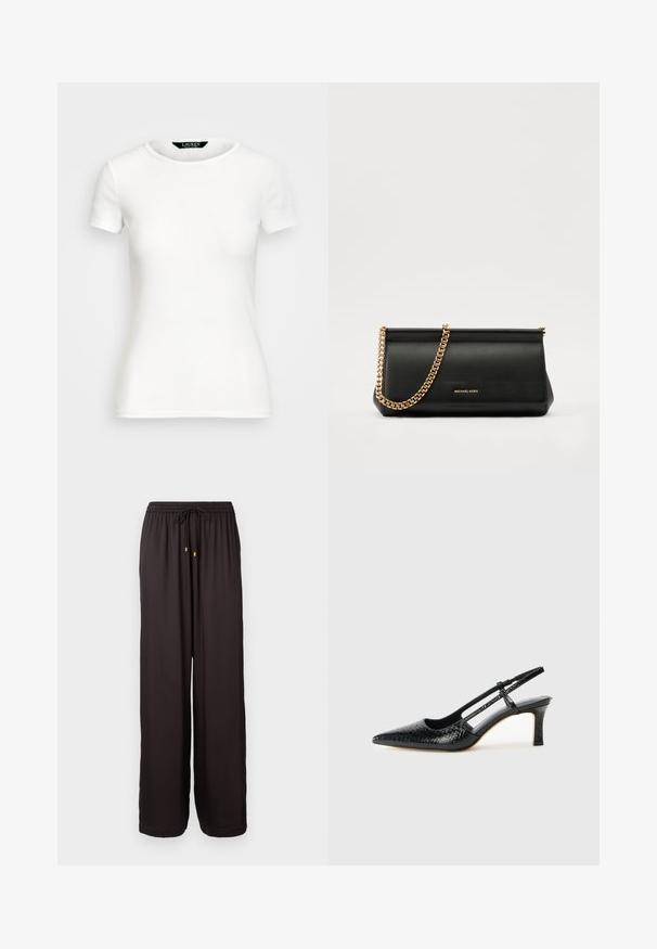 White cotton T-shirt with short sleeves, round neck, fitted design, and smooth texture. Logo tag at neckline.; Loose-fitting black pants with elastic waistband and drawstring with gold-toned tips, full-length and straight-cut legs.; Black patent slingback heel with a pointed toe, featuring textured snake print, adjustable strap, and a short, textured block heel.; Black leather clutch bag with a gold chain strap, featuring a smooth texture, rectangular shape, and embossed branding on the front.