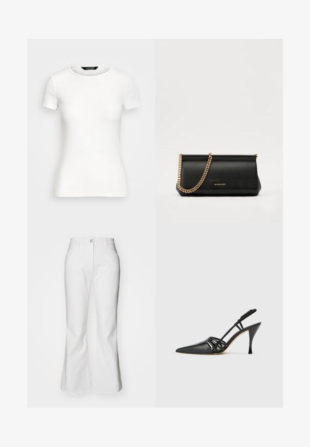 White cotton T-shirt with short sleeves, round neck, fitted design, and smooth texture. Logo tag at neckline.; White flared jeans made of denim with a raw hem. Features a button closure and front pockets. Classic design with a modern cut.; Black leather high-heeled slingback shoe with pointed toe, crisscross strap design, and slim stiletto heel. Smooth texture and minimal accents.; Black leather clutch bag with a gold chain strap, featuring a smooth texture, rectangular shape, and embossed branding on the front.