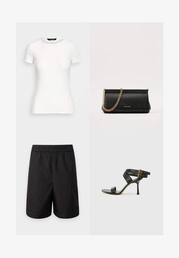 T-shirt alb din bumbac, cu mâneci scurte, guler rotund, design ajustat și textură netedă. Etichetă cu logo la guler.; Shorts negri dintr-un material ușor, cu o talie elastică și un croi simplu, drept. Fără buzunare vizibile sau modele.; Sandalie negre cu toc, cu curele încrucișate și cataramă ajustabilă. Prezintă o textură netedă și un toc stiletto conic.; Plică din piele neagră cu o curea din lanț auriu, având o textură netedă, formă rectangulară și o marcă embosată pe față.