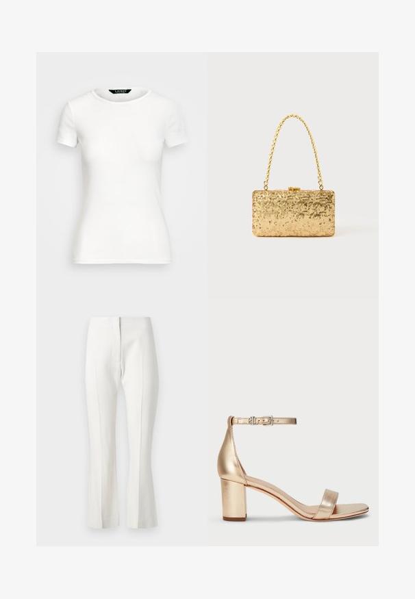 T-shirt alb din bumbac, cu mâneci scurte, guler rotund, design ajustat și textură netedă. Etichetă cu logo la guler.; Pantaloni albi, croiți pe măsură, cu o margine evazată, având un front plat, fără buzunare și o textură de țesătură netedă.; Lauren Ralph Lauren LOGAN METALLIC NAPPA LEATHER SANDAL - Sandale - platinum; Clutch din paiete aurii, cu o formă rectangulară, având un mâner din lanț croit și o închidere cu clapetă metalică, reflectând lumina cu un finisaj texturat.