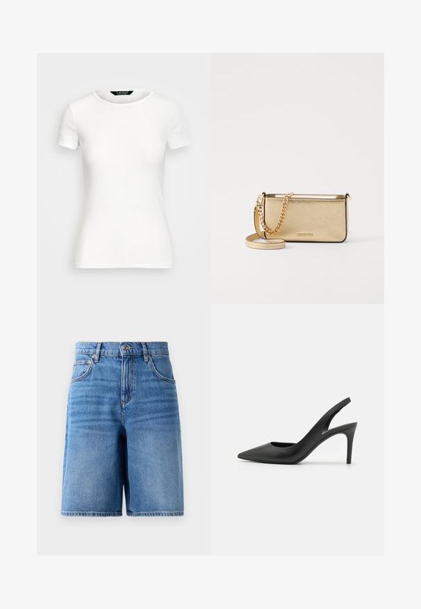 Hvit bomulls T-skjorte med kort erme, rund hals, tettsittende design og glatt tekstur. Logomerke ved halsen.; Lys blå denimshorts med høy livhøyde, bred bendesign, fem lommer og sømdetaljer langs kantene.; Sorte skinnslingback hæler med spiss tå-design, som har et utsnitt foran og en tynn stilettohæl.; Metallisk gullfarget skinnlommebok med teksturert finish, featuring en gullkjede-rem og en avtagbar skulderrem. Merkets logo er preget.