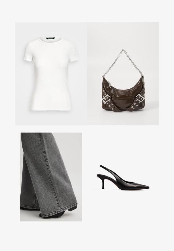 Balts kokvilnas T-krekls ar īsām piedurknēm, apaļu kaklu, pieguļošu dizainu un gludu tekstūru. Logo birka pie kakla.; Platas kājas džinsi tumši pelēkā džinsā, ar gludu tekstūru, redzamām šuvēm un tīru maliņu. Apvienoti ar melniem papēžu sandālītēm.; NA-KD Klasiski papēži - black; Tumši brūns laku ādas rokas soma ar sudraba ķēdes siksnu, dekoratīviem dubultiem jostām un rāvējslēdzēja aizdari.