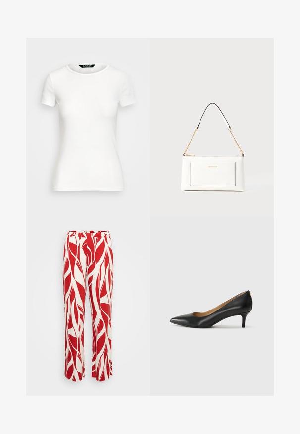T-shirt branco de algodão com mangas curtas, gola redonda, design ajustado e textura suave. Etiqueta do logotipo na gola.; Calças vermelhas e brancas com padrão de folhas, com pernas largas, cintura elástica e tecido leve.; Sapato de salto alto em pele preta com bico fino, salto baixo e textura suave. Apresenta uma ligeira abertura na parte da frente e mínima ferragem na parte de trás.; Bolsa de mão branca em couro com acabamento texturizado, featuring a corrente dourada e detalhes pretos. Inclui um bolso frontal e fecho com zipper.