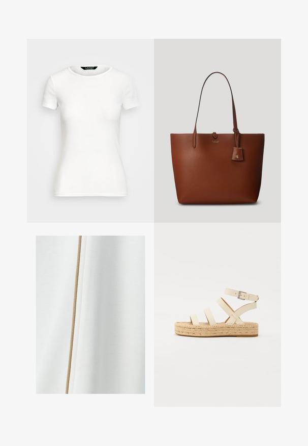 Baltos medvilnės marškinėliai trumpomis rankovėmis, apvaliu kaklu, prigludusio dizaino ir lygios tekstūros. Logo etiketė prie kaklo.; Balta medžiaga su sklandžiu paviršiumi ir smėlio spalvos juostele, einančia vertikaliai vienoje pusėje.; Šviesiai smėlinės odos espadrilės sandalai su keturiais kryžminiais dirželiais ir užsegimu ant kulkšnies, turintys supintą jutos platformos padą ir plokščią guminiu dugnu.; Ruda akmenukų odos rankinė su dviem rankenomis, smaigiu pridedamu žymeniu ir subtiliu logotipu priekyje. Lygus paviršius su struktūrizuota forma.