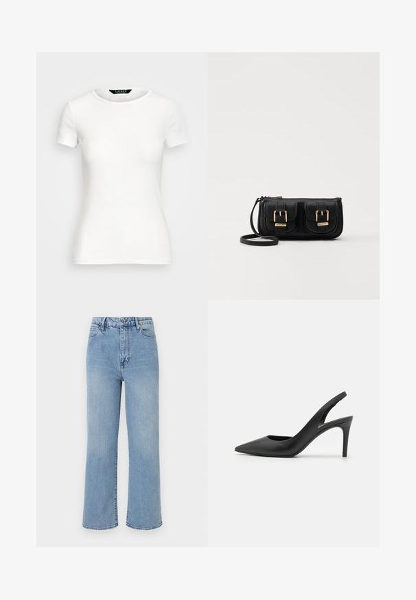 T-shirt en coton blanc avec des manches courtes, col rond, design ajusté et texture lisse. Étiquette de logo au niveau du col.; Jean large en denim bleu clair avec une taille haute, un design à cinq poches et des coutures contrastées sur les bords.; Escarpins à talon aiguille en cuir noir, avec un design à bout pointu, présentant une découpure à l'avant et un talon fin.; Sac en cuir noir porté en travers avec deux poches avant, boucles dorées, fermeture zippée et une sangle fine. Surface texturée et forme rectangulaire compacte.