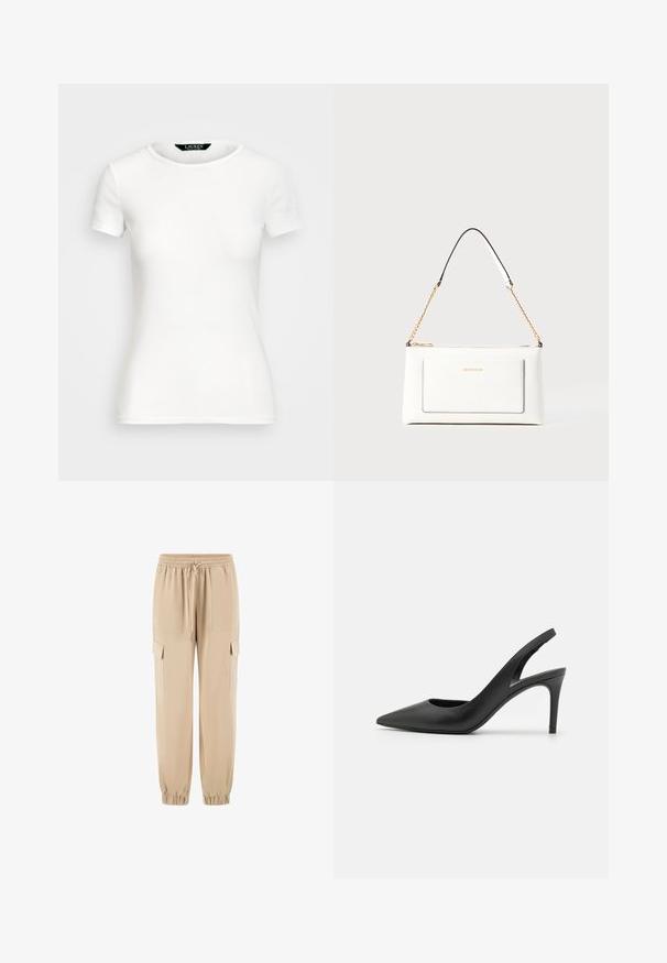 Bijela pamučna majica s kratkim rukavima, okruglim izrezom, tijesnim krojem i glatkom teksturom. Oznaka s logom na izrezu.; Bež cargo hlače od mekanog materijala, s elastičnom strapcem, vezicom i bočnim džepovima. Sužene nogavice s elastičnim manžetama.; Crne kožne slingback visoke pete s dizajnom u obliku špice, s izrezom sprijeda i tankom stiletto petom.; Bijela kožna torba s teksturiranim završetkom, koja ima zlatni lančić i crne akcentne detalje. Uključuje prednji džep i zatvaranje na patentni zatvarač.