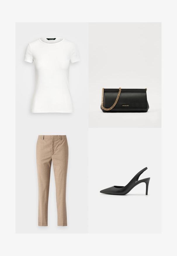Witte katoenen T-shirt met korte mouwen, ronde hals, slim fit ontwerp en een gladde textuur. Logo-label bij de hals.; Beige op maat gemaakte pantalons met een gladde textuur, rechte pijpen en een ritsluiting. Voorzien van voorzakken en een subtiel visgraatpatroon.; Zwarte leren slingback hoge hakken met een puntige neus, met een uitsparing aan de voorkant en een dunne stilettohak.; Zwarte leren clutch tas met een gouden kettinghengsel, voorzien van een gladde textuur, rechthoekige vorm en reliëfmerk op de voorkant.
