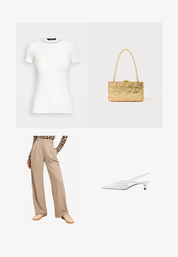 Witte katoenen T-shirt met korte mouwen, ronde hals, slim fit ontwerp en een gladde textuur. Logo-label bij de hals.; Beige wijde broek met plooien aan de voorkant, hoge taille, zijzakken, gecombineerd met lichtgekleurde sneakers. De stof lijkt glad en gestructureerd.; Witte slingback hak met spitse neus, voorzien van een gladde bovenkant, subtiele uitsparingen en een lage blokhak. Zwarte zool accentueert het ontwerp.; Gouden pailletten clutch in rechthoekige vorm, met een gedraaide kettinghandvat en een metalen sluiting, die het licht reflecteert met een gestructureerde afwerking.