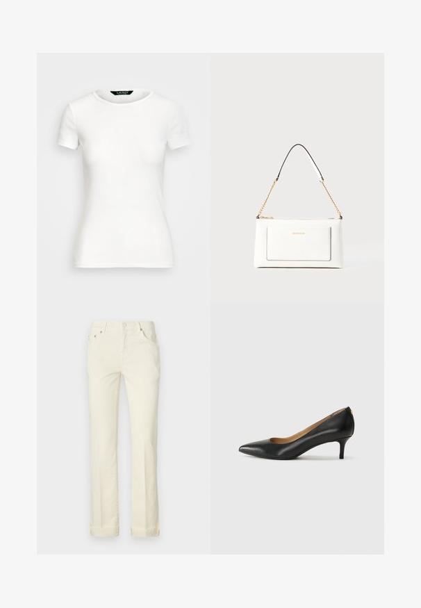 Valge puuvillane T-särk lühikeste varrukatega, ümar kaelus, sobiv disain ja sile tekstuur. Logo silt kaeluses.; Kerged kollased sirged teksapüksid, mis on valmistatud puuvillast ja millel on viis taskut, vöölingid ning keeratud ääred.; Must musta musta, millel on terav nina, madal konts ja sile tekstuur. Omab pisut avatud osa ees ja minimaalset riistvara taga.; Valge nahast kott tekstureeritud viimistlusega, millel on kuldne kettling ja mustad aktsendid. Include eesmine tasku ja tõmblukk.
