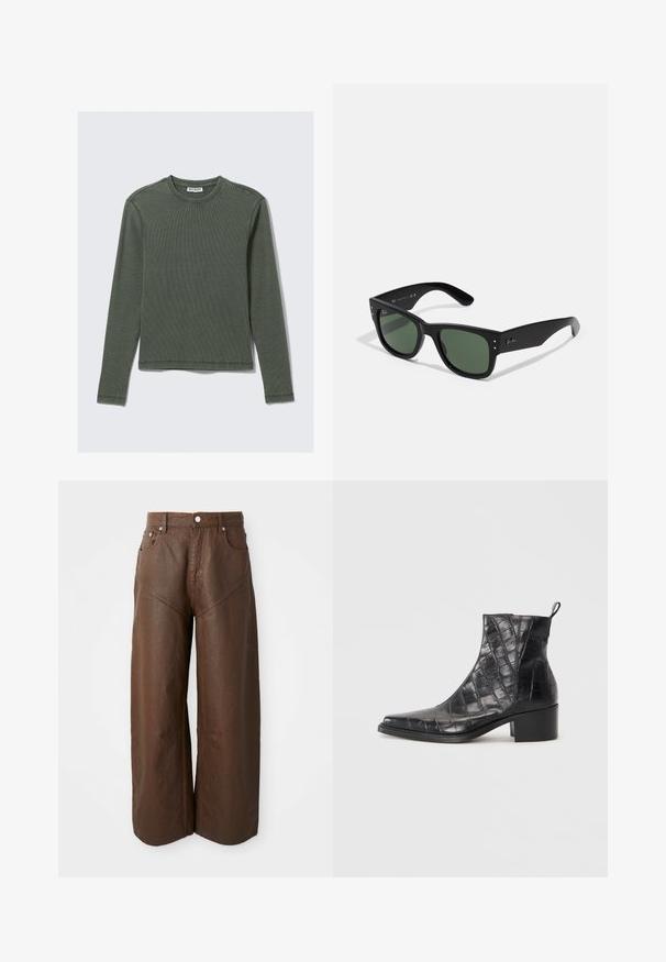 Dlouhý rukáv, žebrovaný top v tmavě zelené barvě, s kulatým výstřihem a rovním lemem. Vyroben z měkké tkaniny, s minimálním počtem švů a bez viditelných vzorů.; Široké hnědé kožené kalhoty s pěti kapsami a zapínáním na knoflík, vystavené na čistém bílém pozadí.; Černé kotníkové boty vyrobené z texturované umělé kůže s krokodýlím vzorem, s čtveratou špičkou a blokovým podpatkem.; Černé obdélníkové sluneční brýle se zelenými skly, matným povrchem, nenápadnými kovovými akcenty a Embosovaným logem na stranicích.