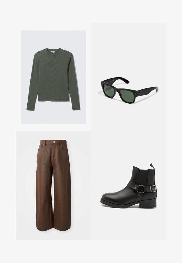 Long-sleeve, ribbed top in dark green, featuring a crew neckline and straight hem. Made of soft fabric, with minimal seams and no visible patterns.; Wide-leg brown leather pants with five pockets and button closure, displayed on a plain white background.; Steve Madden ANTONN - Cowboy/biker ankle boot - black; Black rectangular sunglasses with green lenses, matte finish, subtle hardware accents, and embossed logo on the temple.