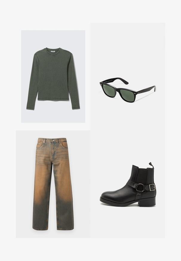 Hosszú ujjú, bordázott felső sötétzöld színben, kerek nyakkivágással és egyenes szegéllyel. Puha anyagból készült, minimális varrásokkal és látható minták nélkül.; Széles lábú farmernadrág kopott kék és barna denimből. Jellemzői a magas derék, az elülső zsebek, és egy klasszikus gombos záródás fémes díszítéssel.; Steve Madden ANTONN - Cowboy/motoros bokacsizma - black; Fekete műanyag napszemüveg zöld lencsékkel, négyzet alakú kerettel, ezüst díszítéssel a keret felső részén, valamint texturált szárakkal. A márka neve a belső száron található.