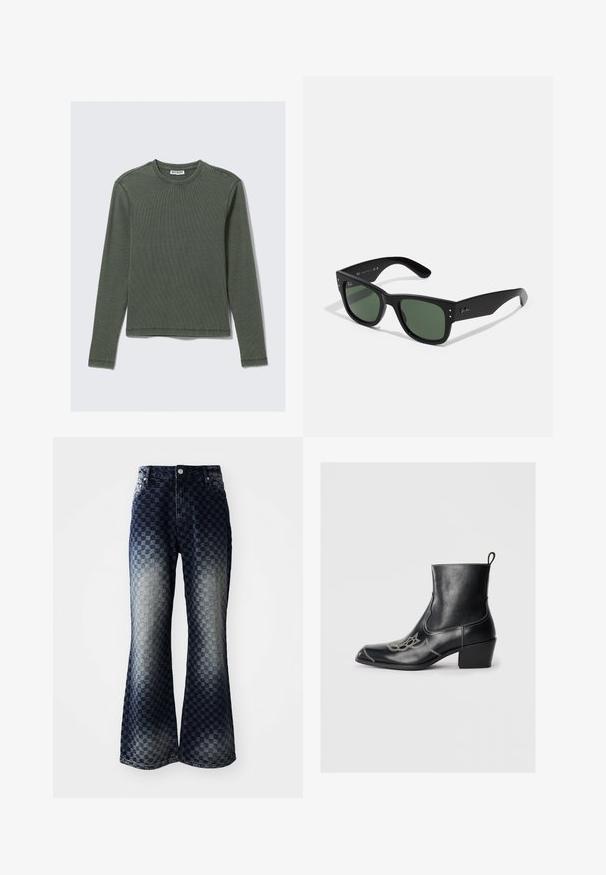 Tamsiai žalia ilgomis rankovėmis, raukšlėta viršūnė, su apvaliu iškirpimu ir tiesiu kraštu. Pagaminta iš minkštos medžiagos, su minimaliais siūlais ir be matomų raštų.; Platus džinsai su tamsiai šviesiu ombre languotu raštu, turintys užtrauktuką, klasikinį penkių kišenių dizainą ir sidabrinius aksesuarus.; Juodos odinės ankle batai su kvadratiniu pirštu, dekoratyviomis siūlėmis ir žemu blokiniu kulnu. Turės trauktuką, kad būtų lengva apsiauti.; Juodos stačiakampės saulės akinių rėmelių su žaliais lęšiais, matinio paviršiaus, subtiliais detalėmis ir iškilniu logotipu ant šventyklos.