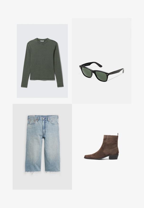 Långärmad, ribbad topp i mörkgrön, med rundad halsringning och rak nederkant. Tillverkad av mjukt tyg, med minimala sömmar och inga synliga mönster.; Ljusblå denimshorts med rak skärning, fransad nederkant, femfickorsdesign och knappstängning i midjan.; Brun mockask stövel med spetsig tå, låg klack och en dragloop baktill för enkel påtagning. Slät textur och enkel design.; Svarta plastsolglasögon med gröna linser, fyrkantiga bågar, silverdetalj på ögonbrynet och texturerade skalmar. Angiven märkning på den inre skalmen.