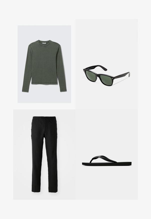 Camisola de mangas longas, canelada, em verde escuro, com decote arredondado e bainha reta. Feita de um tecido macio, com costuras mínimas e sem padrões visíveis.; Calças de linho pretas com cintura elástica e cordão. Design de perna reta e textura suave. Adequadas para uso casual.; Chinelo de borracha preta com uma tira texturada e sola plana simples, mostrado de lado num fundo claro.; Óculos de sol de plástico preto com lentes verdes, armações quadradas, detalhe prateado na sobrancelha e hastes texturizadas. Marca indicada na parte interna da haste.