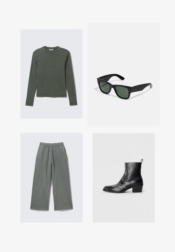 Long-sleeve, ribbed top in dark green, featuring a crew neckline and straight hem. Made of soft fabric, with minimal seams and no visible patterns.; Light gray wide-leg pants made of soft fabric, featuring an elastic waistband and two side pockets, with visible stitching details.; Black leather ankle boots with a square toe, decorative stitching, and a low block heel. Features a pull tab for easy wear.; Black rectangular sunglasses with green lenses, matte finish, subtle hardware accents, and embossed logo on the temple.
