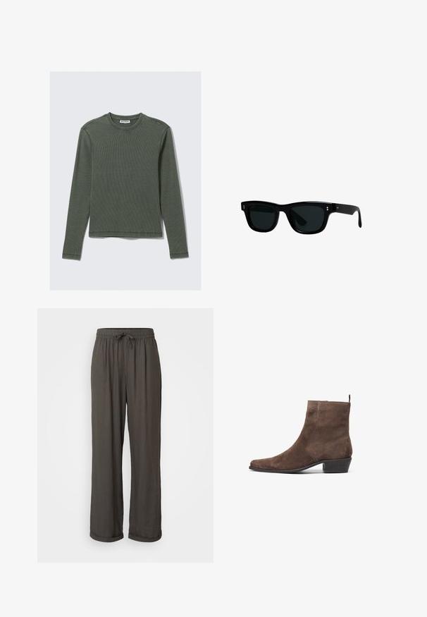 Haut à manches longues et à côtes, de couleur vert foncé, avec un col rond et un ourlet droit. Fabriqué en tissu doux, avec des coutures minimales et sans motifs visibles.; Pantalons larges gris foncé avec taille à cordon, fabriqués dans un tissu doux et texturé, présentant des ourlets retroussés aux chevilles.; Bottine en daim marron avec un bout pointu, un petit talon carré et une boucle à l'arrière pour un enfilage facile. Texture lisse et design simple.; Lunettes de soleil noires avec des montures carrées, des verres foncés et un matériau en plastique lisse. Présentent de petits accents ronds à l'avant et des branches fines.