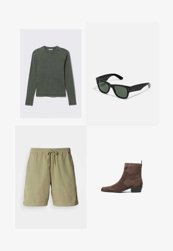 Langermet ribbestrikket topp i mørkegrønn, med rund halslinning og rett nederkant. Laget av mykt stoff, med minimale sømmer og ingen synlige mønstre.; Olivenfargede shorts laget av bomull, med elastisk midje og snor, med sidelommer og rett snitt. Glatt tekstur.; Brune semsket ankelstøvel med spiss tå, lav blokkheel, og en pull-loop bak for enkel påkledning. Glatt tekstur og enkelt design.; Sorte rektangulære solbriller med grønne linser, matt finish, subtile detaljer i hardware og preget logo på stangen.