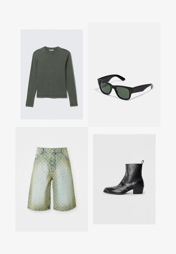 Dugi rukav, rebrasti top u tamnozelenoj boji, s okruglim izrezom i ravnim rubom. Izrađen od mekog materijala, s minimalnim šavovima i bez vidljivih uzoraka.; Traper šortsevi s teksturiranim uzorkom, gradijentom od svijetloplave do zelene boje, klasičnim dizajnom s pet džepova i metalnim kopčanjem.; Crne kožne čizme do gležnja sa kvadratnim vrhom, dekorativnim šavovima i niskom blok petom. Imaju petlju za lako obuvanje.; Crne pravokutne sunčane naočale sa zelenim staklima, mat završetkom, suptilnim metalnim detaljima i utisnutim logotipom na dršku.