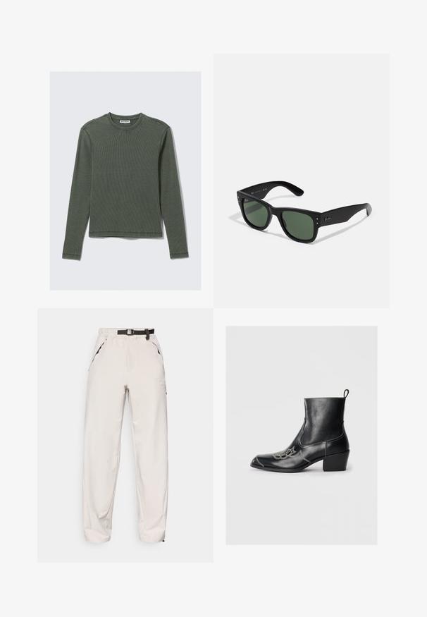 Langermet ribbestrikket topp i mørkegrønn, med rund halslinning og rett nederkant. Laget av mykt stoff, med minimale sømmer og ingen synlige mønstre.; Lys beige bukser laget av et glatt materiale, med en elastisk midje med belte, sidelommer og et subtilt logodesign.; Svarte skinn ankelstøvler med firkantet tå, dekorativ søm og lav blokkhel. Har en trektegjenstand for enkel påkledning.; Sorte rektangulære solbriller med grønne linser, matt finish, subtile detaljer i hardware og preget logo på stangen.