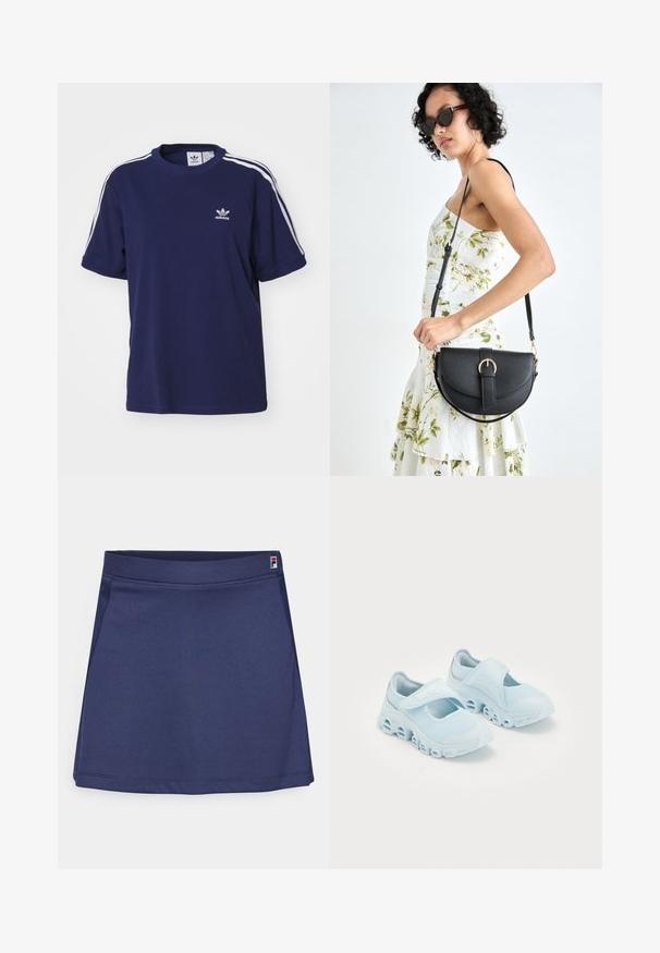 adidas Originals 3 STRIPE - Print T-shirt - dark blue; Navy blue athletic skirt made of stretchy fabric, featuring a flat waistband and a small logo tag in the top right corner. Smooth texture.; Light blue sneakers with mesh fabric, prominent cut-outs in the sole, and a Velcro strap across the top for secure fit.; Black leather handbag with a curved shape, detachable strap, and gold hardware. The bag features a flap with a buckle detail.