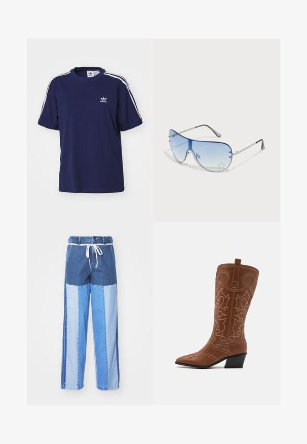adidas Originals - T-shirt z nadrukiem; Niebieskie dżinsowe spodnie z patchworkowym wzorem w różnych odcieniach niebieskiego, z elastycznym pasem na troczki oraz luźnymi, prostymi nogawkami.; RAID NOUR brązowy; Okulary przeciwsłoneczne typu aviator z gradientowymi niebieskimi szkłami, srebrną metalową oprawą oraz dekoracyjnymi akcentami w kształcie gwiazdek na soczewkach. Gładki i elegancki design.