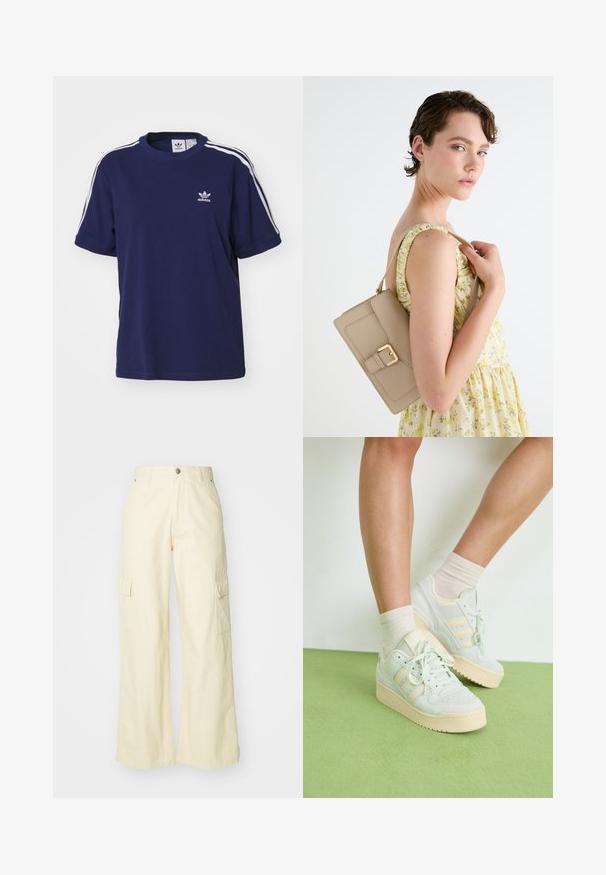 adidas Originals 3 STRIPE - Majica kratkih rukava s printom - dark blue; Hlače s širokim nogavicama od svijetložutog pamuka. Sadrže dva bočna džepa i kopčanje na gumb. Glatka tekstura s opuštenim krojem.; Svijetlozeleni tenisice s teksturiranom površinom, s tri bijele pruge, kremastom gumom na potplatu i vezanjem. Nošene sa svijetlim čarapama.; Bež torba od kože sa strukturiranim dizajnom, zlatnim kopčanjem kao akcentom i podesivim remenom, prikazana na svijetloj pozadini.