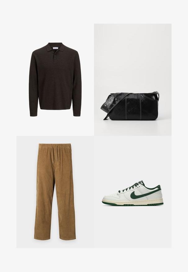 Polo a manica lunga marrone realizzato in tessuto textured. Presenta un colletto classico e tre bottoni frontali. Vestibilità casual con polsini a costine.; Pantaloni in corduroy di un caldo colore marrone, con una vita elastica dotata di lacci, vestibilità morbida e texture a coste verticali.; Sneaker bianco a bassa cima con swoosh Nike verde scuro, lacci e dettagli della suola, mostrato di profilo su uno sfondo bianco uniforme.; Borsa a spalla in pelle nera con chiusura a zip, caratterizzata da un corpo testurizzato, cuciture bianche e una tracolla con occhielli in argento.