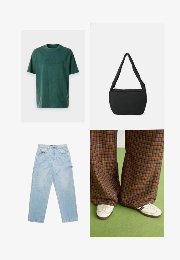 Camiseta de algodón verde oscuro con cuello redondo, mangas cortas y un logo "adidas" en relieve en el pecho con una textura a juego.; Jeans de denim azul claro con un corte holgado, diseño de cinco bolsillos y costuras visibles. Presenta una etiqueta de la marca en el bolsillo frontal.; Pantalones de pata de elefante de cuadros marrones y azules combinados con zapatos blancos con detalles en negro y suelas texturizadas, sobre un fondo verde.; Bolso negro de hombro con textura acolchada, forma redondeada y correa ancha, con un logo grabado en el frente.
