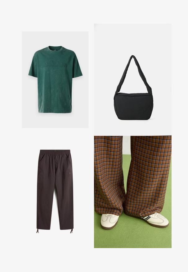 Ciemnozielona bawełniana koszulka z okrągłym dekoltem, krótkimi rękawami i wytłoczonym logo "adidas" na piersi w dopasowanej fakturze.; Ciemnobrązowe, lekkie spodnie z elastycznym pasem, dwiema bocznymi kieszeniami, zwężanymi nogawkami oraz regulowanymi sznurkami przy mankietach.; Brązowo-niebieskie spódnice w kratę o szerokich nogawkach zestawione z białymi butami z czarnymi akcentami i teksturowaną podeszwą, na tle zielonego tła.; Czarna torba na ramię o miękkiej teksturze, zaokrąglonym kształcie i szerokim pasku, z wytłoczonym logo z przodu.