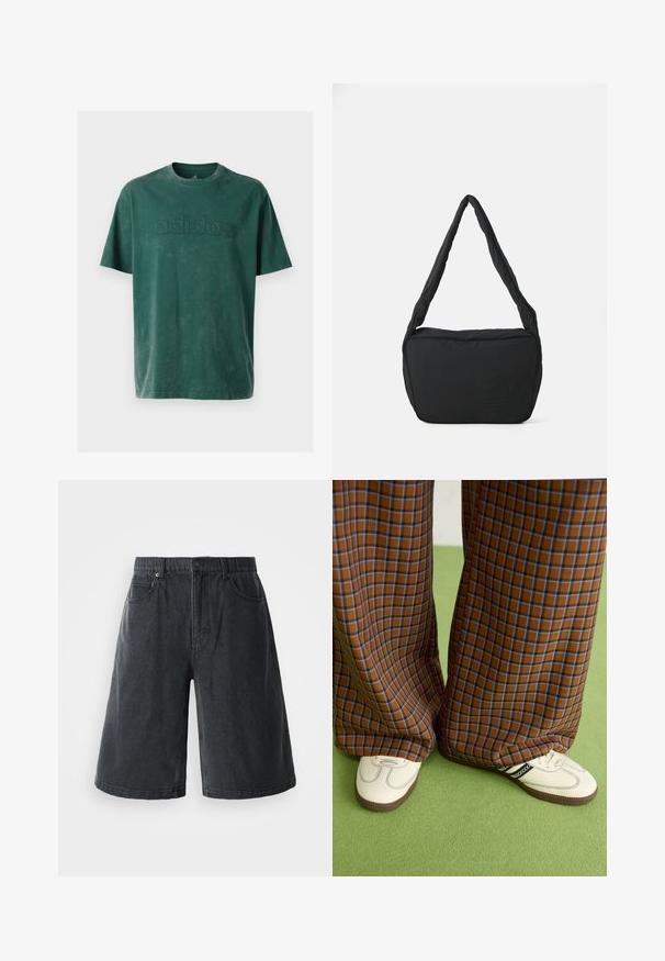 Tricou din bumbac de culoare verde închis, cu guler rotund, mâneci scurte și un logo „adidas” reliefat pe piept, cu o textură asortată.; Shorts din denim de culoare gri închis, cu o croială lejeră, cinci buzunare și un tiv cu bucle pentru curea. Materialul are o textură netedă.; Pantaloni largi cu carouri maro și albastru, asociați cu pantofi albi cu accente negre și tălpi texturate, împotriva unui fundal verde.; Geantă de umăr neagră cu o textură căptușită, formă rotundă și un bretele lată, având un logo embosat pe față.