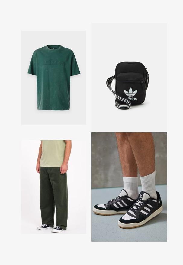Mørkegrøn bomulds t-shirt med rund hals, korte ærmer og et præget "adidas" logo på brystet i en matchende tekstur.; Grønne fløjlsbukser i vidde med en blød tekstur. Bæres med en lysegrøn skjorte og sort-hvide sneakers. Enkel, praktisk design.; Sorte og hvide sneakers med en overdel i ruskind og læder, der har tre hvide striber, en perforeret tå og en sål i gummigummi.; Sort stof crossbody tas med lynlås, der har et hvidt Adidas-logo og en stribet justerbar rem for nem bæring.