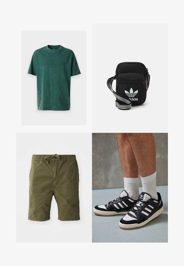 Dunkelgrünes Baumwoll-T-Shirt mit Rundhalsausschnitt, kurzen Ärmeln und einem geprägten "adidas"-Logo über der Brust in passendem Material.; Olivgrüne Shorts aus weichem, strukturiertem Stoff. Mit einem elastischen Taillenbund und Zugband sowie seitlichen Taschen.; Schwarz-weiße Sneaker mit einem Obermaterial aus Wildleder und Leder, ausgestattet mit drei weißen Streifen, einer perforierten Zehenpartie und einer Sohle aus Gummi.; Schwarze Umhängetasche aus Stoff mit Reißverschluss, ausgestattet mit einem weißen Adidas-Logo und einem gestreiften, verstellbaren Tragegurt für einfachen Transport.