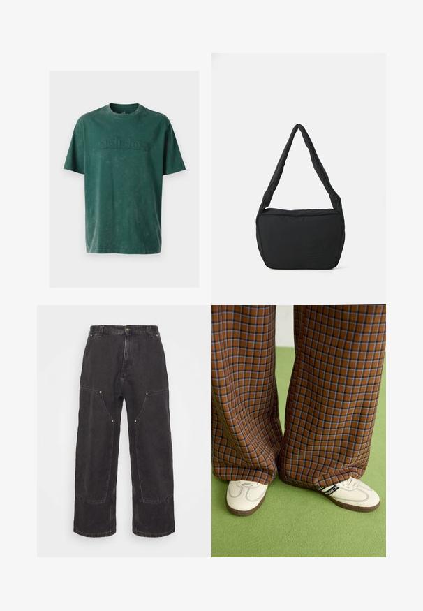 Camiseta de algodón verde oscuro con cuello redondo, mangas cortas y un logo "adidas" en relieve en el pecho con una textura a juego.; Carhartt WIP NASH PANT SMITH - Vaqueros boyfriend - black stone washed; Pantalones de pata de elefante de cuadros marrones y azules combinados con zapatos blancos con detalles en negro y suelas texturizadas, sobre un fondo verde.; Bolso negro de hombro con textura acolchada, forma redondeada y correa ancha, con un logo grabado en el frente.