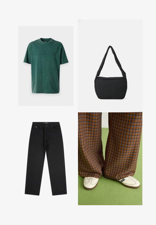 Tume rohelise puuvillase T-särgi, millel on ümar kaelus, lühikesed varrukad ja kõrgendatud "adidas" logo rinna kohal sama tooni tekstuuriga.; Mustad sirgedega teksad esist nupuga ja tõmbluku, vöökohakloopsud ja viie taskuga disain, asetatud lamedalt valgele taustale.; Pruunide ja siniste ruuduliste laiad püksid, mille juurde on kombineeritud valged kingad mustade aktsentidega ja tekstuursete taldadega, roheline taust.; Must have kaelus kott pehmendatud tekstuuriga, ümmargune kuju ja lai rihm, mille esipaneelil on reljeefne logo.